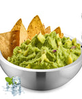 Party Ready Stainless Steel Double Wall Dip Chiller Bowl 70 Oz Water Cooled Serving Dish holding guacamole and tortilla chips.