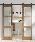Double 24x84 Inch Glass Barn Doors With 48 Inch Opening, 8 Ft Hardware Kit And Handle Included, 3 Panel Frosted Glass, LVL Wood Panel.