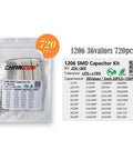 Package of 1206 SMD Ceramic Capacitor Kit With 720 Pieces, Assorted Values From 1pF To 10uF, 25V And 50V, X7R MLCC Dielectric shown in bag