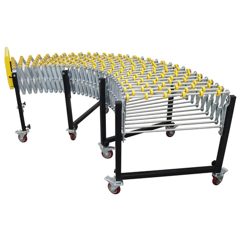 Flexible Portable Conveyor Featuring Abs Rollers Adjustable 47 To 177 Inch Telescopic Gravity Belt, curved design for smooth package flow.
