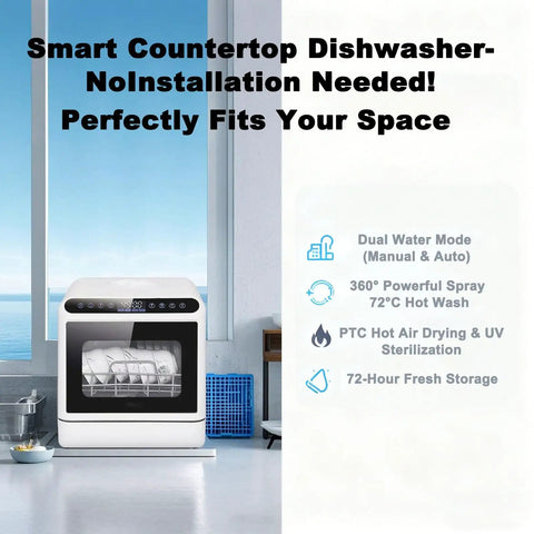 Slick Portable Mini Countertop Dishwasher With Five Liter Tank Three Quick Wash Cycles Glass Front Led Display Totally Hassle Free Compact Set Sweet Deal For Dorms And Kitchens in a bright kitchen setting.