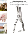 Stainless Steel Ear Tag Plier for Livestock Identification With V Shape Notcher Ergonomic Vet Tool for Cattle Sheep and Goats Durable Pig Ear Tag Pliers for Quick Clean Notches shown beside livestock images