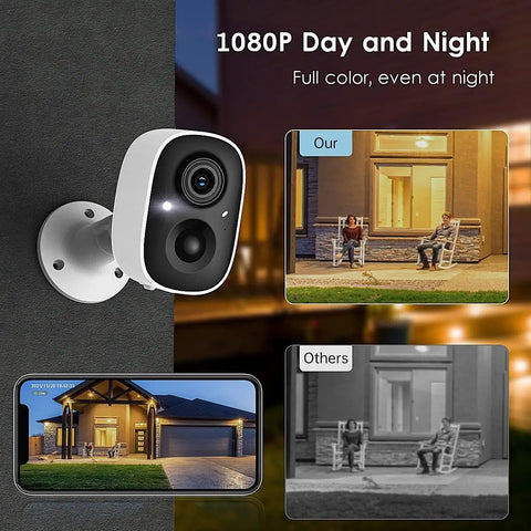 No-Nonsense Wireless Outdoor Security Camera With 2K Color Night Vision, AI Motion Detection comparing color and grayscale images