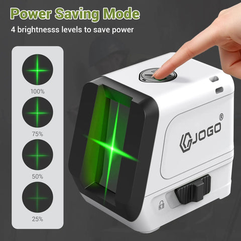 Green Beam Laser Level With Self Leveling, Pro Grade Brightness Cross Line, Adjustable Brightness, 120 Degree Projection, Magnetic Bracket, Carrying Case, Battery Included For Picture Hanging, DIY Projects, And Wall Installations showing 4 brightness levels