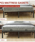 6 Pack Heavy Duty Non Slip Mattress Grippers under a bed, before and after images showing effective mattress securing.