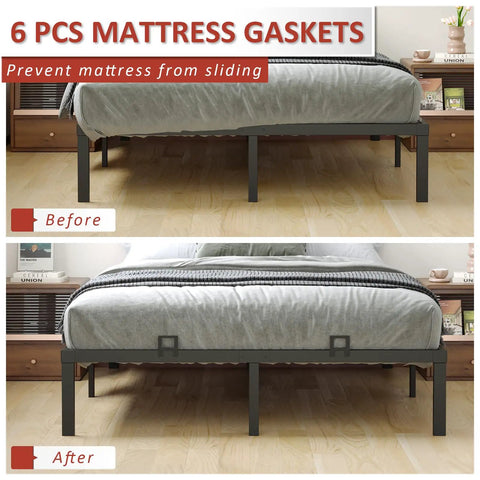 6 Pack Heavy Duty Non Slip Mattress Grippers under a bed, before and after images showing effective mattress securing.