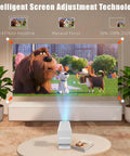 4K Supported Mini Projector with WiFi and Bluetooth for Home Theater and On The Go, projecting animation on a living room wall.