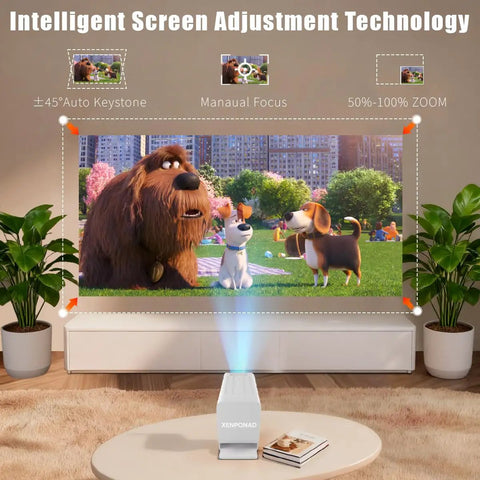 4K Supported Mini Projector with WiFi and Bluetooth for Home Theater and On The Go, projecting animation on a living room wall.