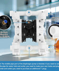 Pro Grade Air Operated Double Diaphragm Pump 15 GPM 1 Inch Port showing air hose connection and diameter specifications.