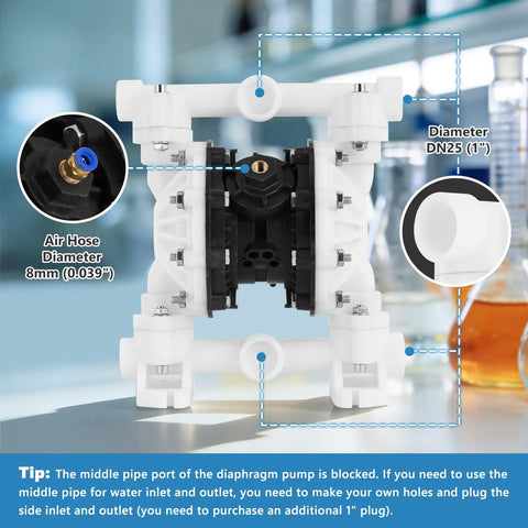 Pro Grade Air Operated Double Diaphragm Pump 15 GPM 1 Inch Port showing air hose connection and diameter specifications.