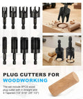 Rocaris 8-pack wood plug cutter drill bit set with straight and tapered cutters, 1/4, 5/16, 3/8, 1/2 inch hex shank, black