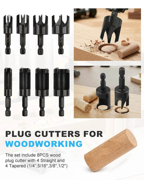 Rocaris 8-pack wood plug cutter drill bit set with straight and tapered cutters, 1/4, 5/16, 3/8, 1/2 inch hex shank, black