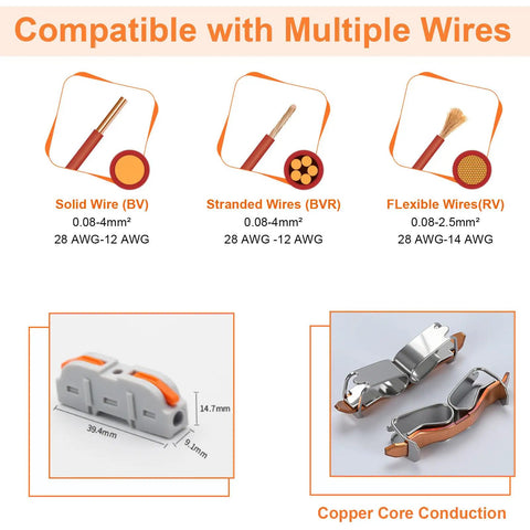 Lever Wire Connectors Kit 60 Piece Quick Connect Splicing for 28 12 AWG showing wire compatibility and connector dimensions