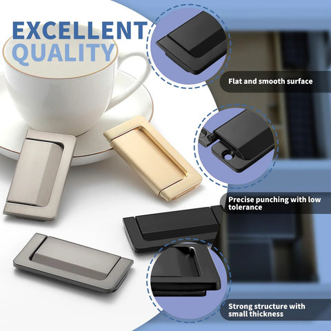 3 Pack 2.9 Inch Invisible Flush Drawer Pull Handles With Screws Zinc Alloy Concealed Ring Pull on table, various colors displayed