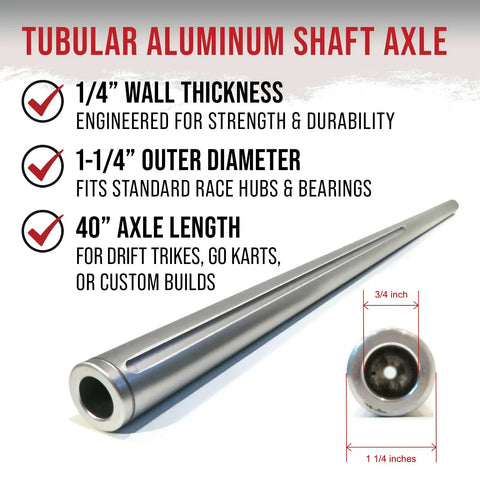 Tubular aluminum shaft axle from 40 Inch Drift Trike Shaft Kit With 12 Axle Nuts And 4 Lock Collars description