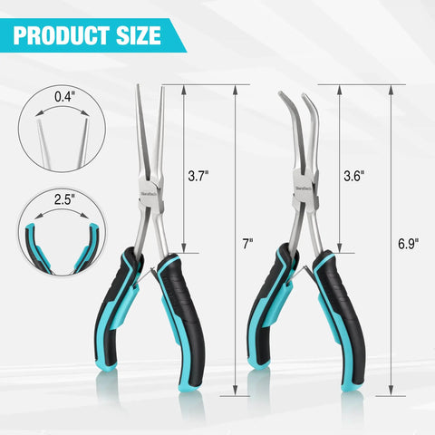Long Reach 7 Inch Needle Nose Pliers Set, Two Piece Bent Nose And Straight Nose Pliers, Drop Forged Carbon Steel, Heat Treated, Nickel Plated, Anti Rust Oil Protected, Built Tough For Precision Work - size chart