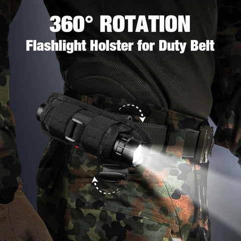 1000 Lumen Tactical Flashlight With Duty Belt Holster, 360-degree rotation feature, worn on camouflage pants, WF-501BX model