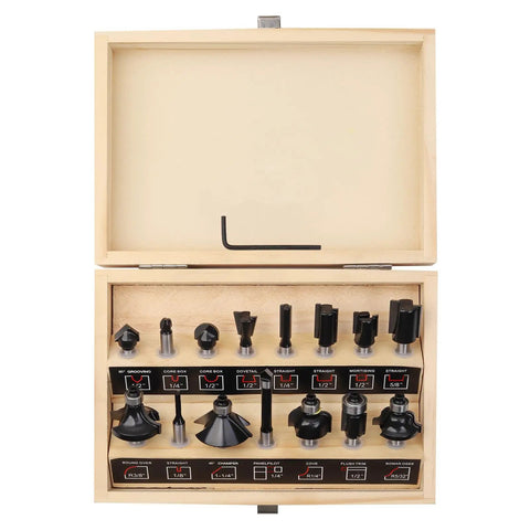 Top Drawer 15 Piece 1/4 Inch Shank Router Bit Set Machined From Grit Resistant Tungsten Carbide Ends in open rustic hardwood case.