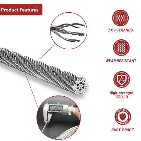 Diagram of 1000Ft One Eighth Inch T316 Stainless Steel Cable For Deck Railing And Balustrade with 7x7 strands, wear resistant, rust-proof