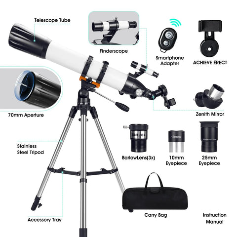 Components of High Powered 90mm Aperture 800mm Refractor Telescope For Astronomy Beginners And Adults With Stainless Tripod Phone Adapter Carry Bag