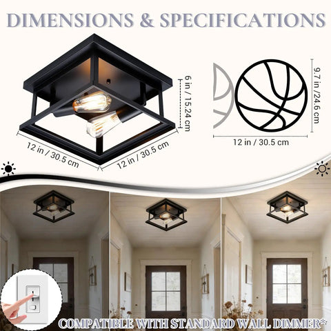 Black Two Light Farmhouse Flush Mount Ceiling Light Fixture dimensions and installation settings