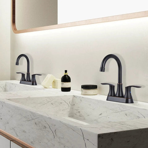 Lead Free Centerset Modern Two Handle Oil Rubbed Bronze Bathroom Faucet 3 Hole 4 Inch Vanity for RV and Home visible on marble sink