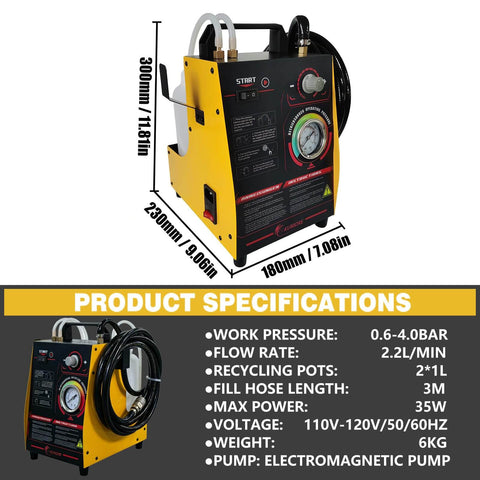 Side view of Electric Brake Bleeder 110V Power Automatic Brake Fluid Bleeder Machine with hose, gauge, and universal adapter.