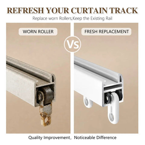 Image comparing worn curtain roller and fresh replacement using Top Tier Curtain Track Repair Kit Featuring Sixty Super Slick Dual Wheel Rollers And Rust Resistant S Hooks For No Fuss Window Treatments And A Straight Up Fresh Room Refresh Upgrade.