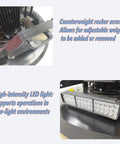 Close-up of Workhorse 12 Head Concrete Floor Polishing Grinder With Planetary Rotation System focusing on counterweight rocker arm and LED light.