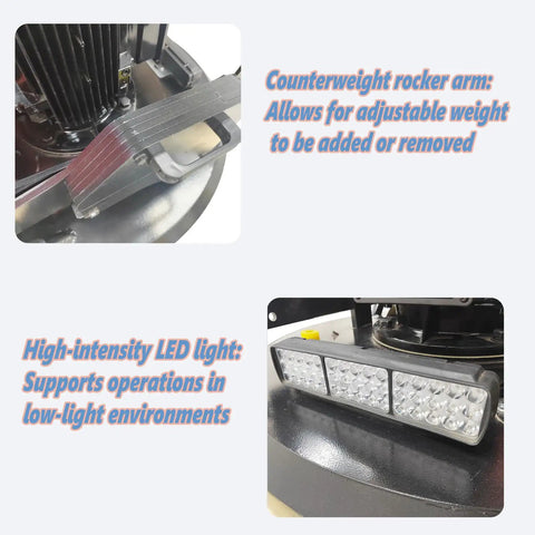 Close-up of Workhorse 12 Head Concrete Floor Polishing Grinder With Planetary Rotation System focusing on counterweight rocker arm and LED light.