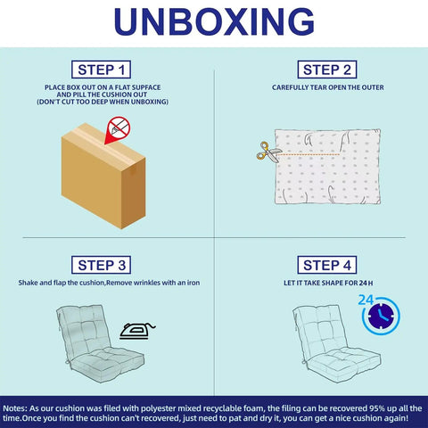 Unboxing steps for cushion showing box, tearing, fluffing, and shape adjustment with images.
