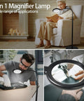 12X Floor Magnifying Glass With Light And Stand used for reading, electronic repair, and sewing in various settings.