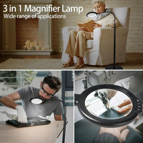 12X Lighted Floor Magnifier with Flexible Gooseneck Clamp Stand used for reading, assembling electronics, and sewing tasks.