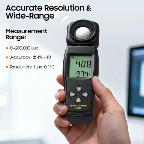 Pro Grade Lux Meter With 0 To 200000 Lux Range And 180 Degree Rotating Sensor, Backlit LCD, Handheld Illuminance Tool For Plants, Photography, Indoor Studio, Film And Video Creation, black handheld meter in hand