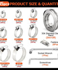 Front view of 185-piece 304 stainless steel worm-drive hose clamp set; sizes 1/4–2 in (6–51 mm), with 10 ft metal band and eight fasteners