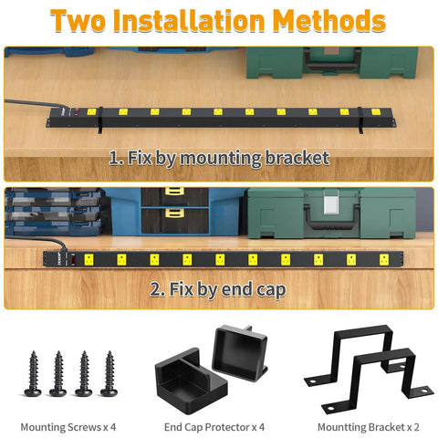 10 Outlet Long Power Strip With Wide Spaced Outlets, Built Tough Metal Power Bar For Workbench, Garage And Shop Use, 4Ft Cord