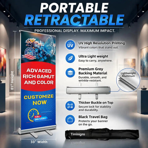 Custom Retractable Banner With Aluminum Stand, Personalized Pop Up Banner Display, Full Color Design, Portable Travel Case, 33x81 Inches.