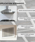 Application scenarios for Universal Blower Motor Kit for 670 Series HVAC Units, shown with range hood and vent grille.