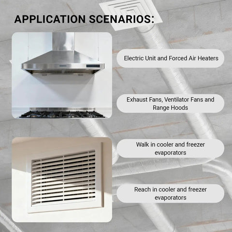 Application scenarios for Universal Blower Motor Kit for 670 Series HVAC Units, shown with range hood and vent grille.