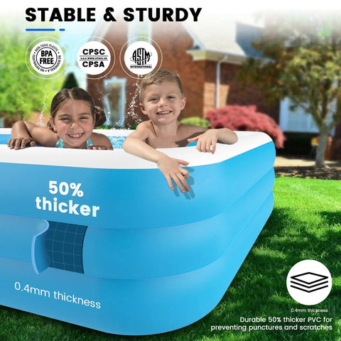 Kids enjoying a Massive Family Inflatable Pool With Pump 130 Inch Long 72 Inch Wide 22 Inch Deep For Adults Easy Blow Up Pool For Garden And Pool Parties In Blue Family Friendly Durable Vinyl Easy Setup For Summer Fun In Your Backyard.