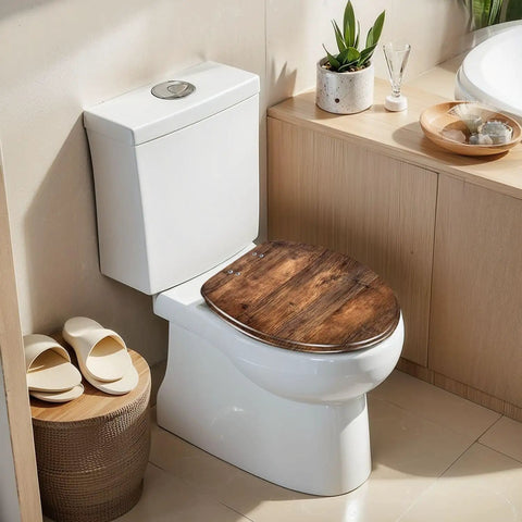Generic Replacement Elongated Resin Toilet Seat for Home Use in a modern bathroom setting, featuring wood-like finish.