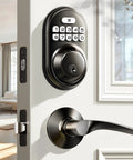 Keyless Entry Door Lock With 2 Lever Handles Electronic Keypad Deadbolt Auto Lock Backlit For Easy Installation Matte Black Front Door Handle Set Anti Peep Security With 20 Permanent PIN Codes And One Time Codes installed on a white door.