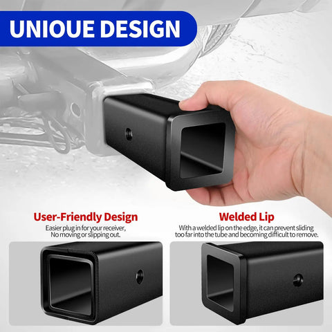 Hand holding 2.5 Inch Class V To 2 Inch Trailer Hitch Reducer Sleeve with focus on unique user-friendly design