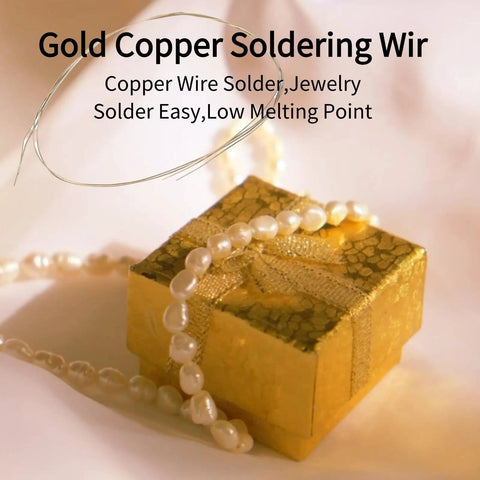 Gold copper soldering wire displayed with a decorative box and pearl necklace, emphasizing Soldering Wire Pro Grade Low Melting Point For Jewelry Making And Copper Welding.