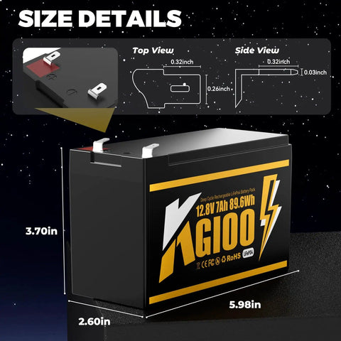 Beefy 12V 7Ah LiFePO4 Deep Cycle Battery With Built In BMS, size dimensions and connector details shown