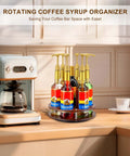 Rotate Your Home Bar Slick With This Seven Slot Coffee Syrup Organizer Rack designed for easy access to syrups on countertop.