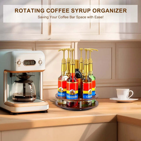 Rotate Your Home Bar Slick With This Seven Slot Coffee Syrup Organizer Rack designed for easy access to syrups on countertop.
