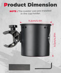 Rugged Motorcycle Cup Holder With Heavy Duty Metal Clamp For 0.6 To 1.5 Inch Range, 32 Oz Bottle Capacity, dimensions displayed