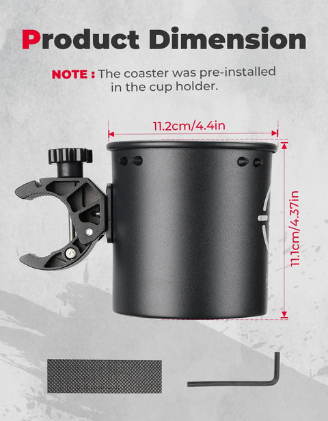 Rugged Motorcycle Cup Holder With Heavy Duty Metal Clamp For 0.6 To 1.5 Inch Range, 32 Oz Bottle Capacity, dimensions displayed