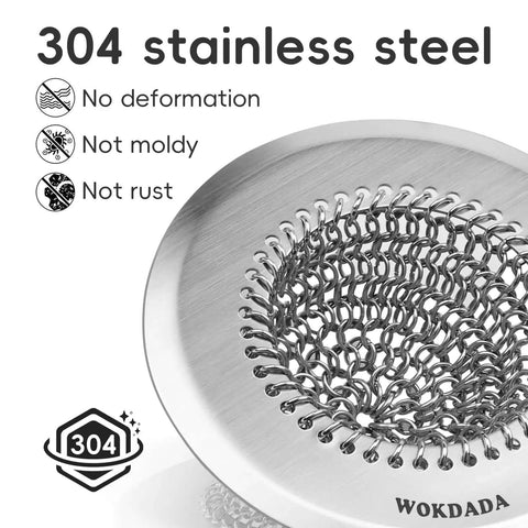 Close-up of Reversible Chain Mesh Sink Strainer For Effortless Clean Up And Debris Catcher Large Capacity No Clog 304 Stainless Steel